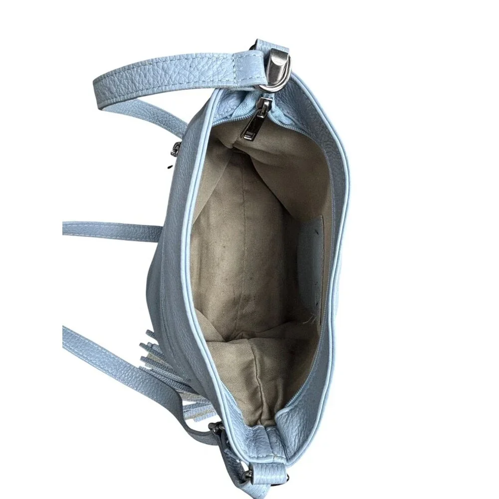Italian-Made Light Blue Genuine Leather Shoulder Bag With Zip Closure & Tassel - Picture 5 of 9
